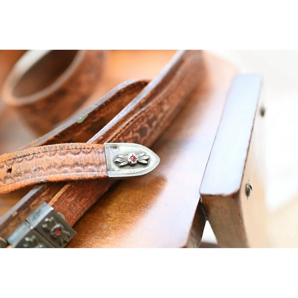 Vintage Western Sterling Silver Leather Belt Brown Floral Embossed Boho USA